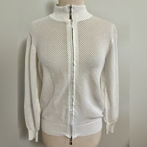 Grace Karin White Open Mesh Knit Full Zip Bomber Sweater